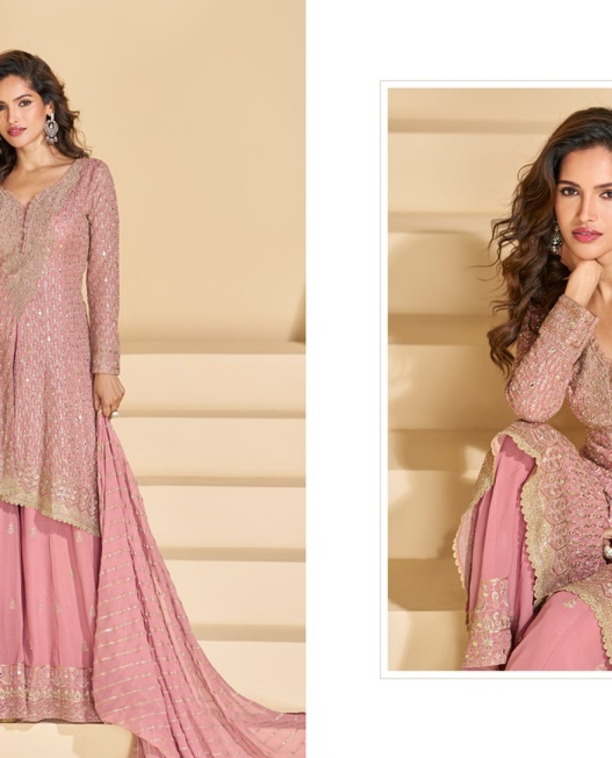 10015 - ROSE PINK GEORGETTE EMBROIDERED PALAZZO SUIT SET